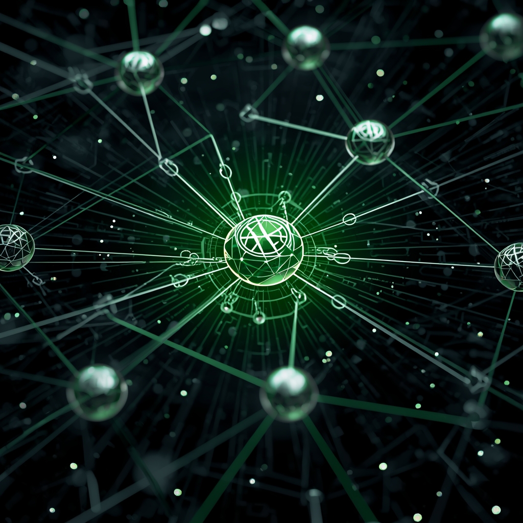 A glowing abstract representation of code compiling and connecting across network nodes, futuristic technical illustration style, green and silver hues